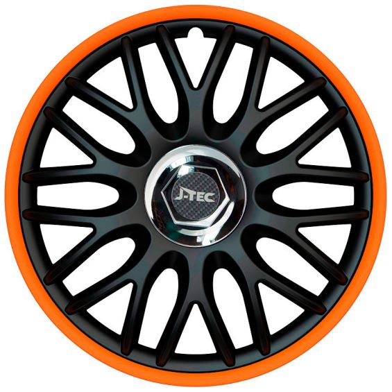 J-Tec 4-Delige Wieldoppenset Orden R 16-inch zwart/oranje + chroom ring