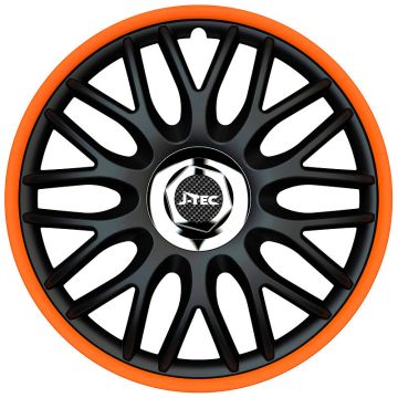 J-Tec 4-Delige Wieldoppenset Orden R 14-inch zwart/oranje + chroom ring