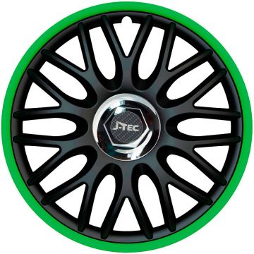 J-Tec 4-Delige Wieldoppenset Orden R 16-inch zwart/groen + chroom ring