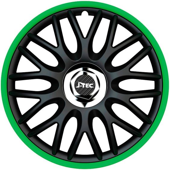 J-Tec 4-Delige Wieldoppenset Orden R 13-inch zwart/groen + chroom ring