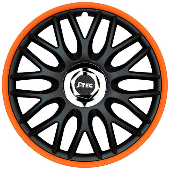 J-Tec 4-Delige Wieldoppenset Orden R 13-inch zwart/oranje + chroom ring