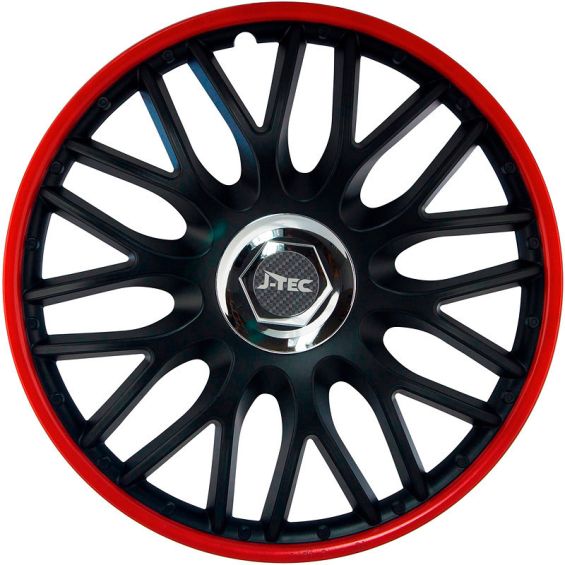 J-Tec 4-Delige Wieldoppenset Orden R 14-inch zwart/rood + chroom ring